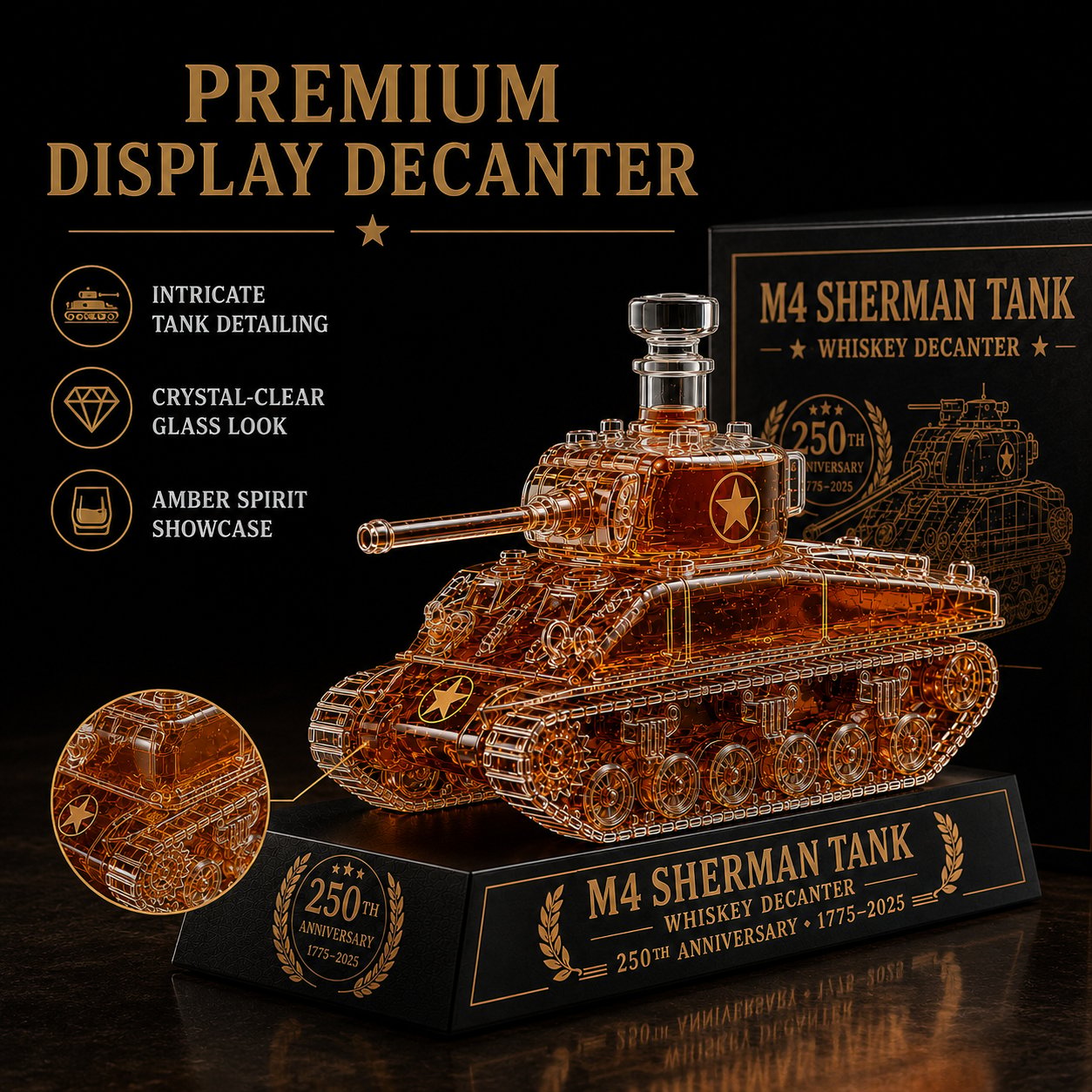 M4 Sherman Tank Whiskey Decanter, 250th Anniversary Edition Military Collectible Glass Whiskey Bottle with Display Base, Unique Gift for Whiskey Lovers, Veterans, Men, Fathers & Collectors