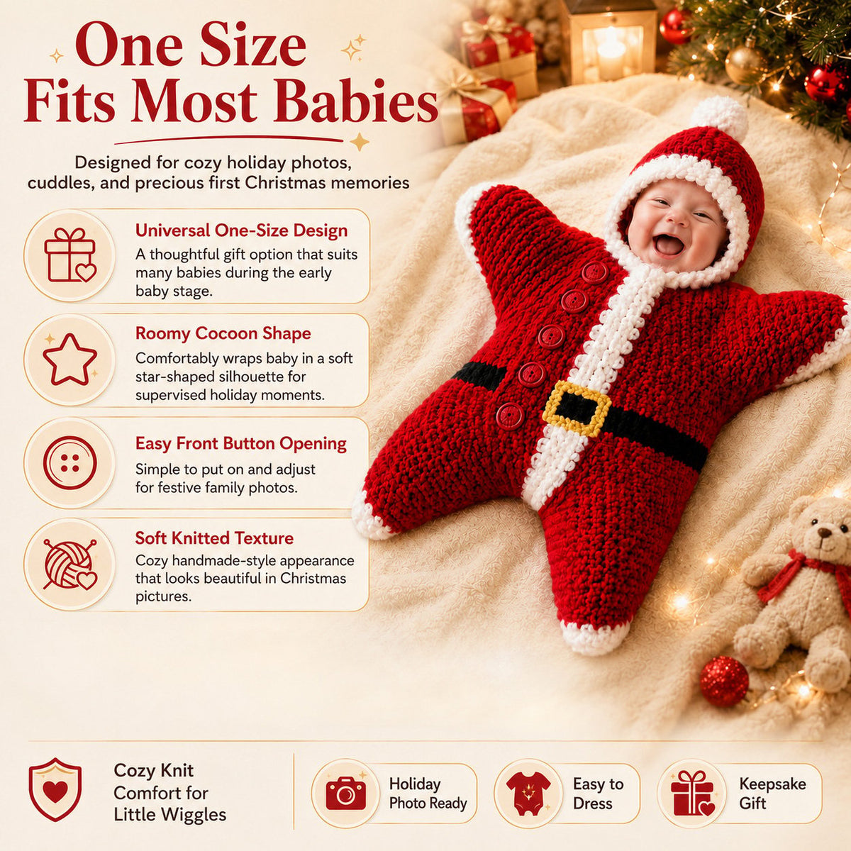 ⏳ Last Day 49% OFF – 🎅 Baby’s First Keepsake Star Outfit | One Size Fits Most Babies, Soft Knitted Santa Cocoon with Front Button Opening for Holiday Photos ✨