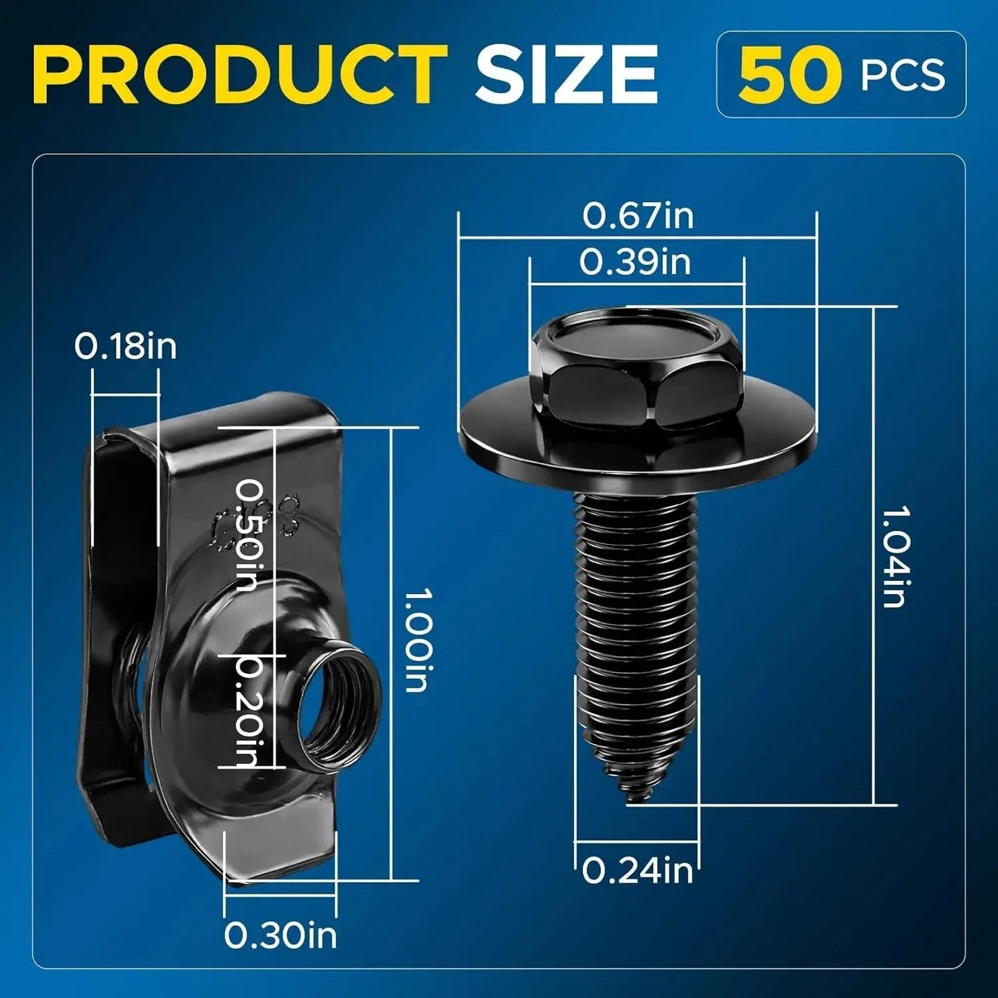 Automotive Universal Screws Black — —  1/4 Body Bolts & U-Nut Clips Kit(50 PCS)