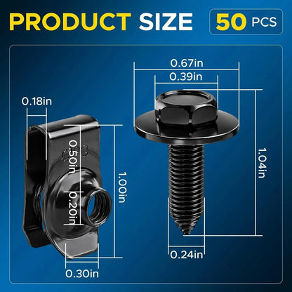 Automotive Universal Screws Black — —  1/4 Body Bolts & U-Nut Clips Kit(50 PCS)