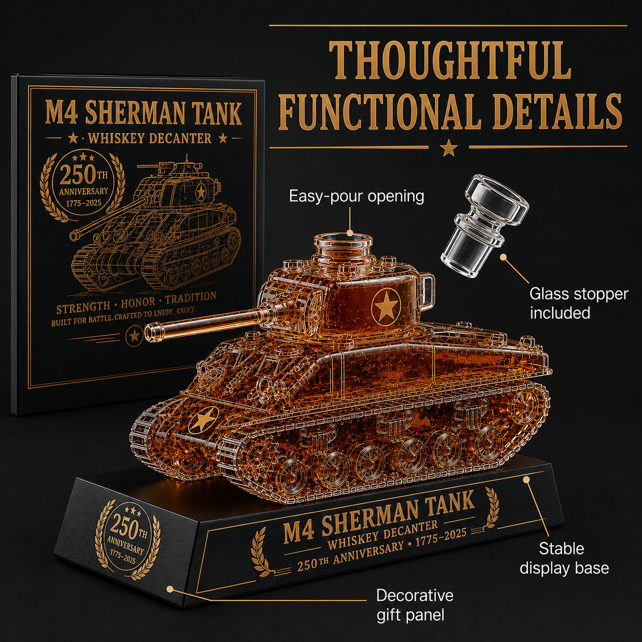 M4 Sherman Tank Whiskey Decanter, 250th Anniversary Edition Military Collectible Glass Whiskey Bottle with Display Base, Unique Gift for Whiskey Lovers, Veterans, Men, Fathers & Collectors