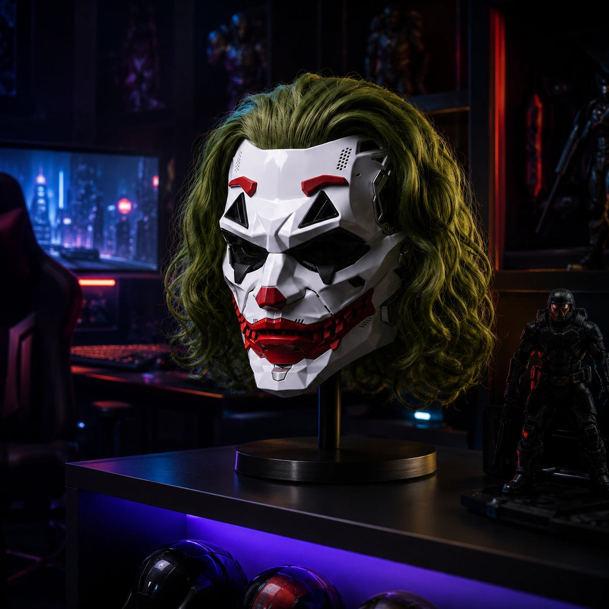 🤡Cyberpunk Mechanical Joker Villain Mask with Green Wig