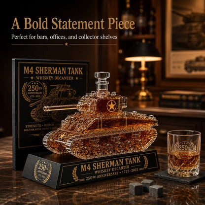 M4 Sherman Tank Whiskey Decanter, 250th Anniversary Edition Military Collectible Glass Whiskey Bottle with Display Base, Unique Gift for Whiskey Lovers, Veterans, Men, Fathers & Collectors