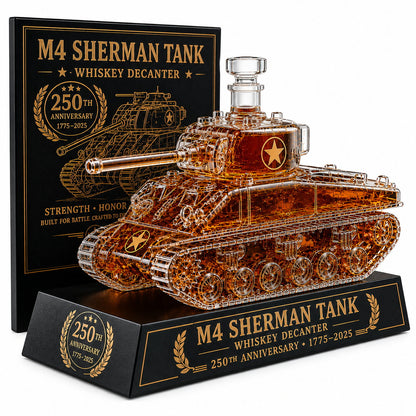 M4 Sherman Tank Whiskey Decanter, 250th Anniversary Edition Military Collectible Glass Whiskey Bottle with Display Base, Unique Gift for Whiskey Lovers, Veterans, Men, Fathers & Collectors