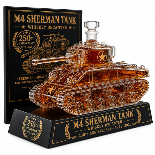 M4 Sherman Tank Whiskey Decanter, 250th Anniversary Edition Military Collectible Glass Whiskey Bottle with Display Base, Unique Gift for Whiskey Lovers, Veterans, Men, Fathers & Collectors