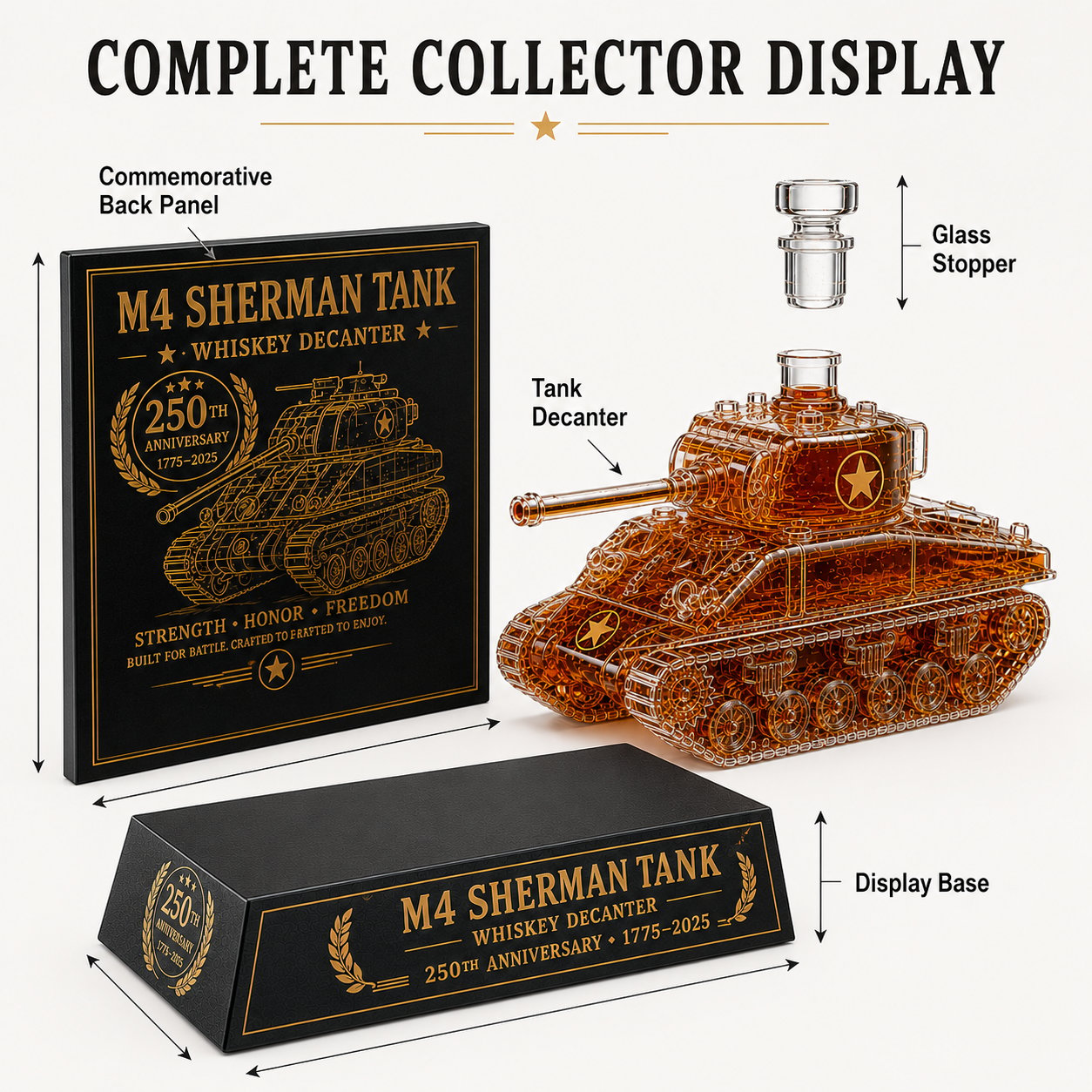 M4 Sherman Tank Whiskey Decanter, 250th Anniversary Edition Military Collectible Glass Whiskey Bottle with Display Base, Unique Gift for Whiskey Lovers, Veterans, Men, Fathers & Collectors