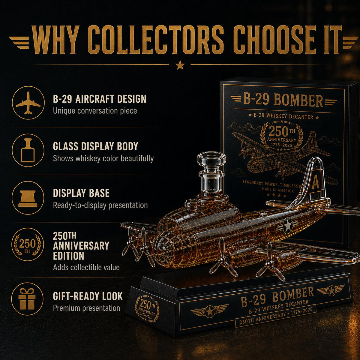 B-29 Bomber Collectible Whiskey Decanter, American Aviation History Inspired Glass Bottle with Display Base, 250th Anniversary Limited Style Gift