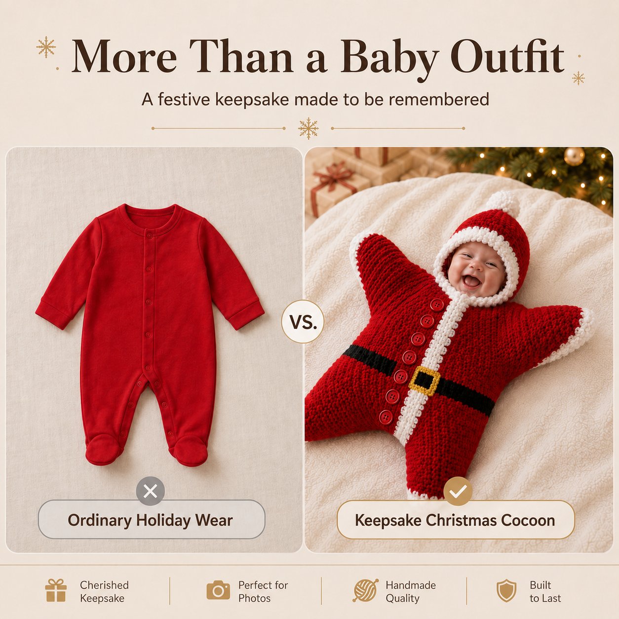⏳ Last Day 49% OFF – 🎅 Baby’s First Keepsake Star Outfit | One Size Fits Most Babies, Soft Knitted Santa Cocoon with Front Button Opening for Holiday Photos ✨