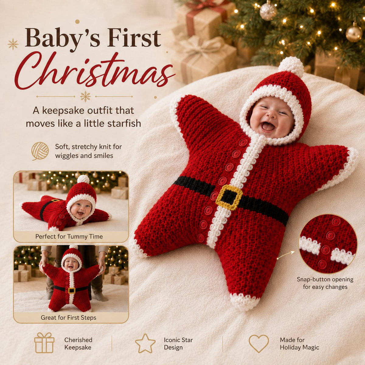 ⏳ Last Day 49% OFF – 🎅 Baby’s First Keepsake Star Outfit | One Size Fits Most Babies, Soft Knitted Santa Cocoon with Front Button Opening for Holiday Photos ✨