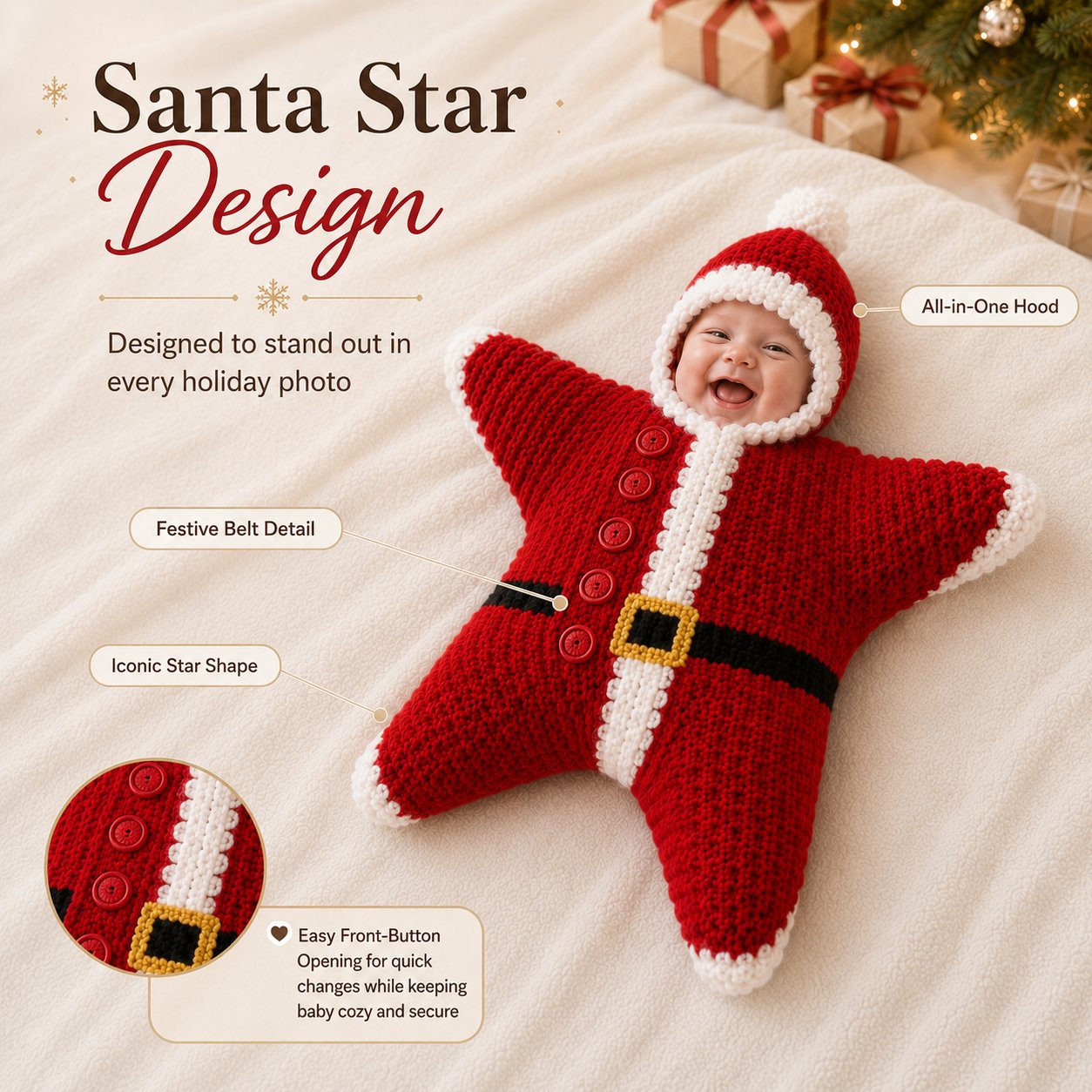 ⏳ Last Day 49% OFF – 🎅 Baby’s First Keepsake Star Outfit | One Size Fits Most Babies, Soft Knitted Santa Cocoon with Front Button Opening for Holiday Photos ✨