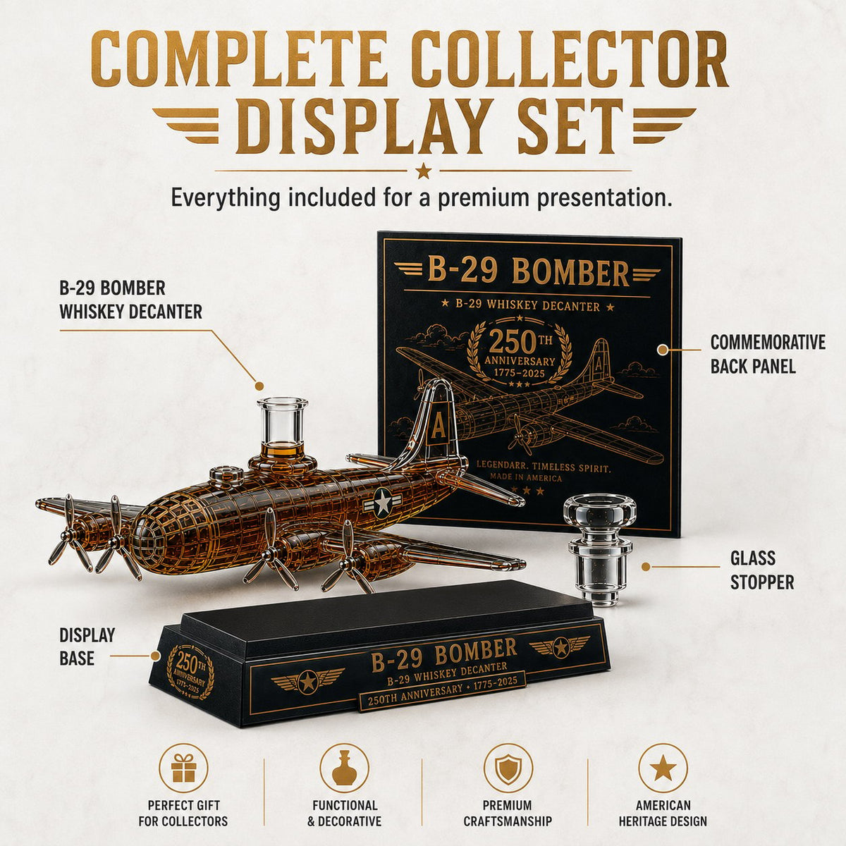 B-29 Bomber Collectible Whiskey Decanter, American Aviation History Inspired Glass Bottle with Display Base, 250th Anniversary Limited Style Gift