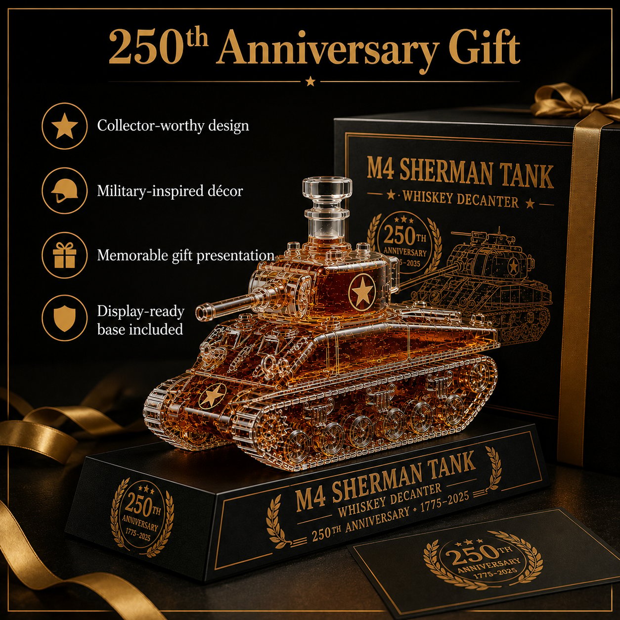 M4 Sherman Tank Whiskey Decanter, 250th Anniversary Edition Military Collectible Glass Whiskey Bottle with Display Base, Unique Gift for Whiskey Lovers, Veterans, Men, Fathers & Collectors