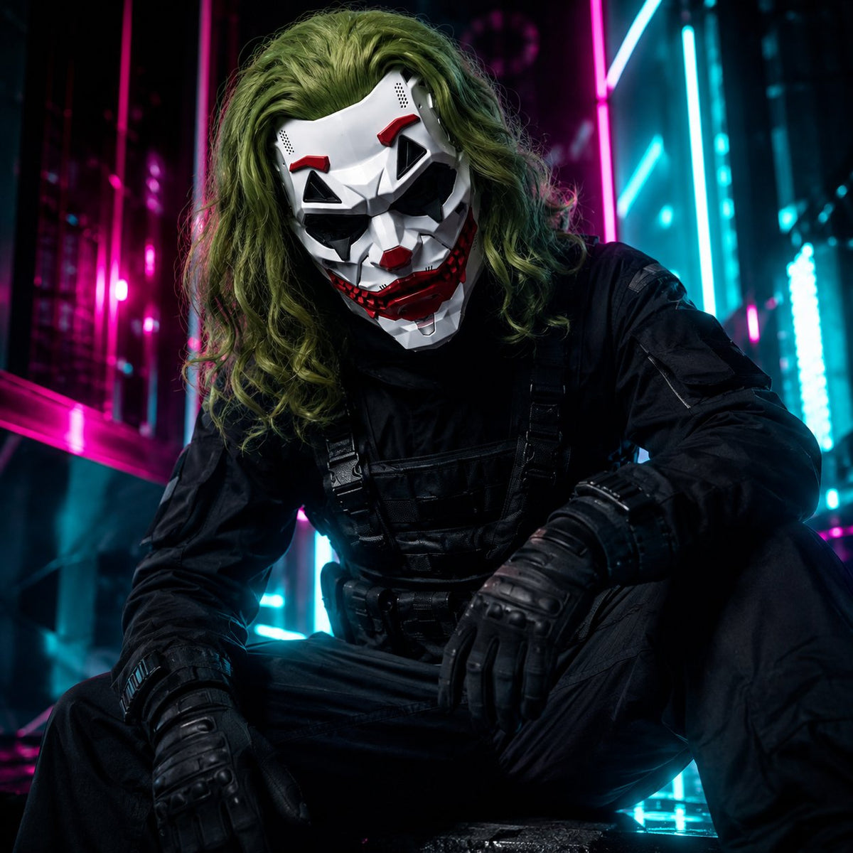 🤡Cyberpunk Mechanical Joker Villain Mask with Green Wig