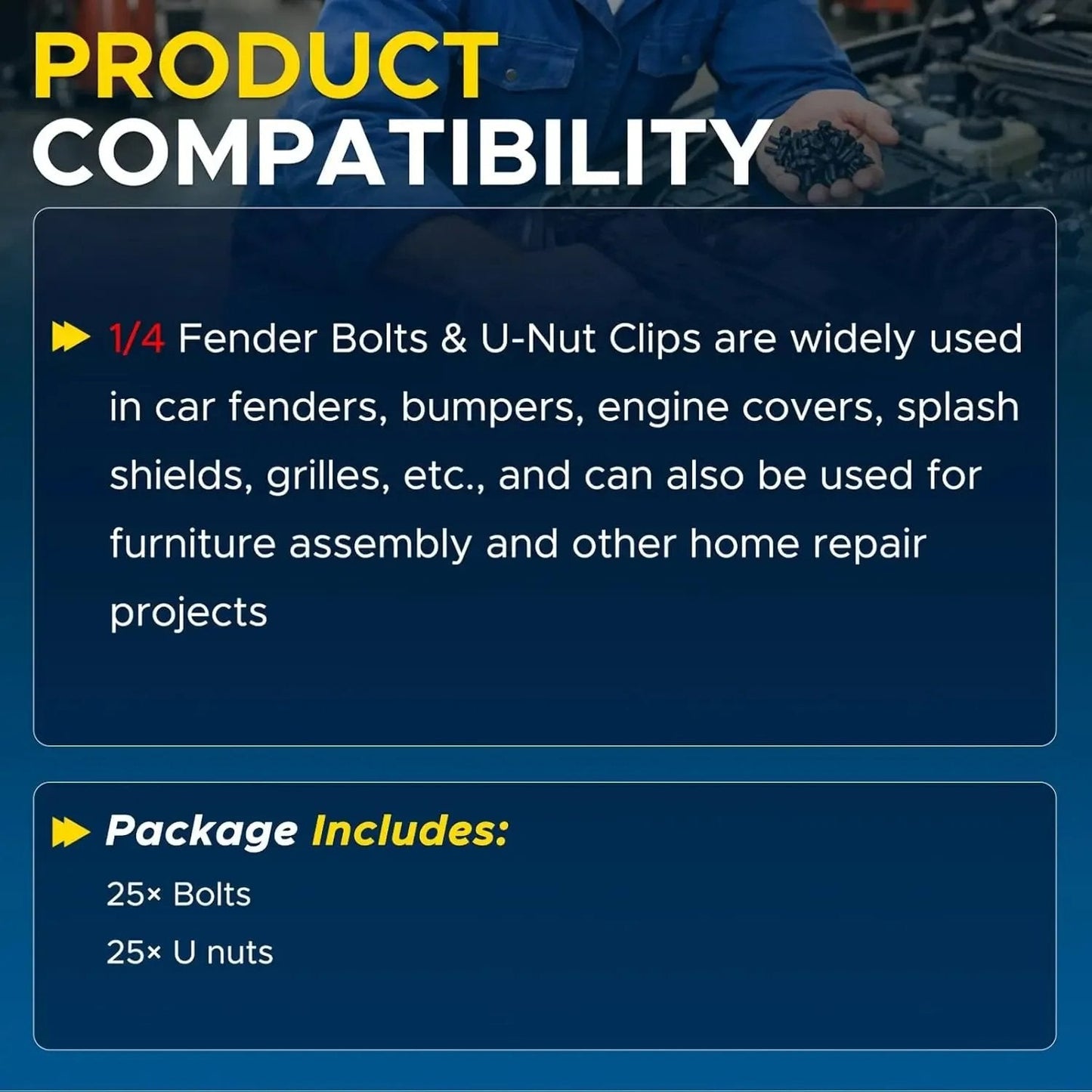 Automotive Universal Screws Black — —  1/4 Body Bolts & U-Nut Clips Kit(50 PCS)