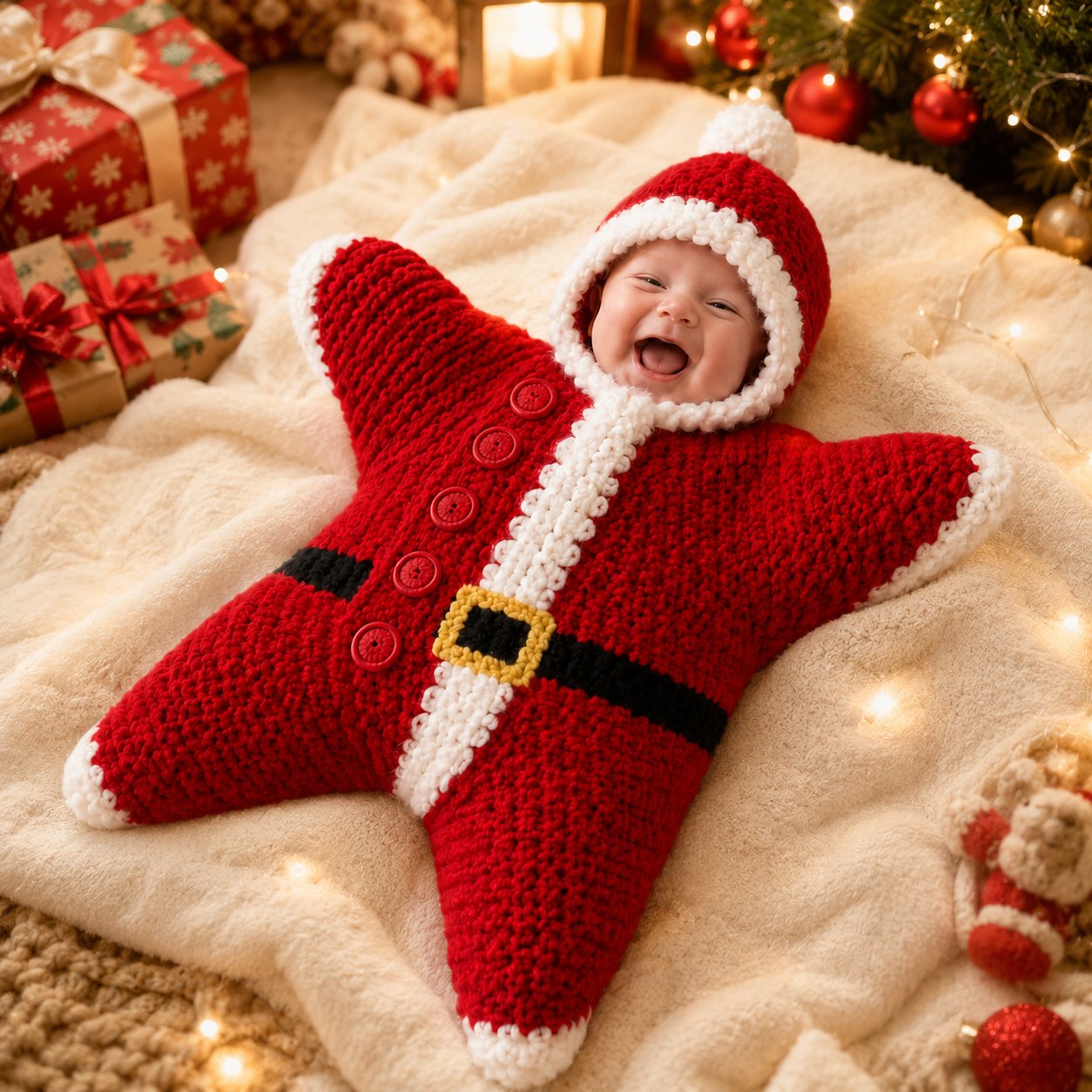 ⏳ Last Day 49% OFF – 🎅 Baby’s First Keepsake Star Outfit | One Size Fits Most Babies, Soft Knitted Santa Cocoon with Front Button Opening for Holiday Photos ✨
