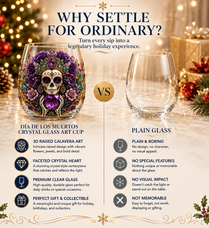 💀🌼 Día de los Muertos Crystal Glass Art Cup | Bright Raised 3D Calavera Glassware for Whiskey, Home Décor & Meaningful Gifts 🎁