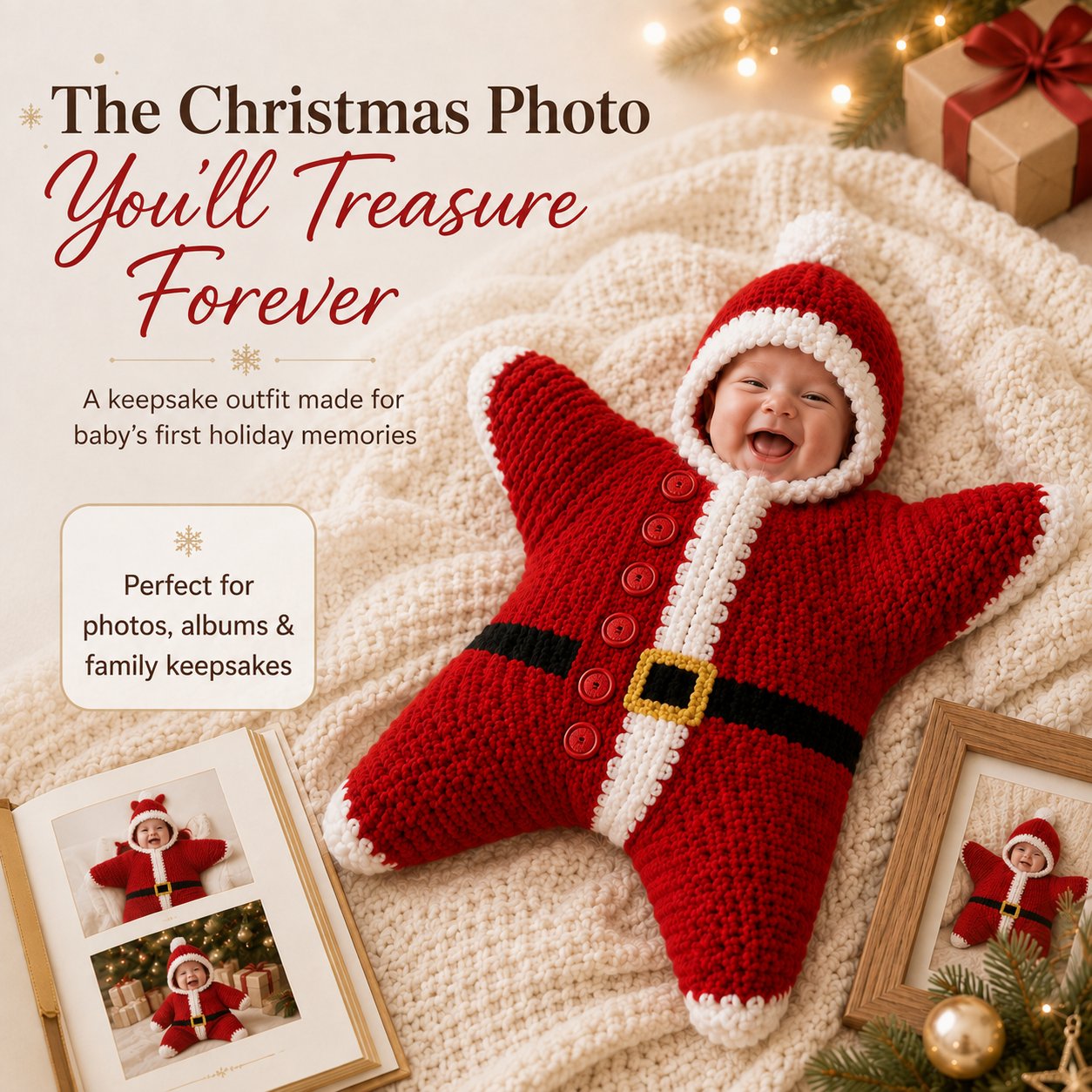 ⏳ Last Day 49% OFF – 🎅 Baby’s First Keepsake Star Outfit | One Size Fits Most Babies, Soft Knitted Santa Cocoon with Front Button Opening for Holiday Photos ✨