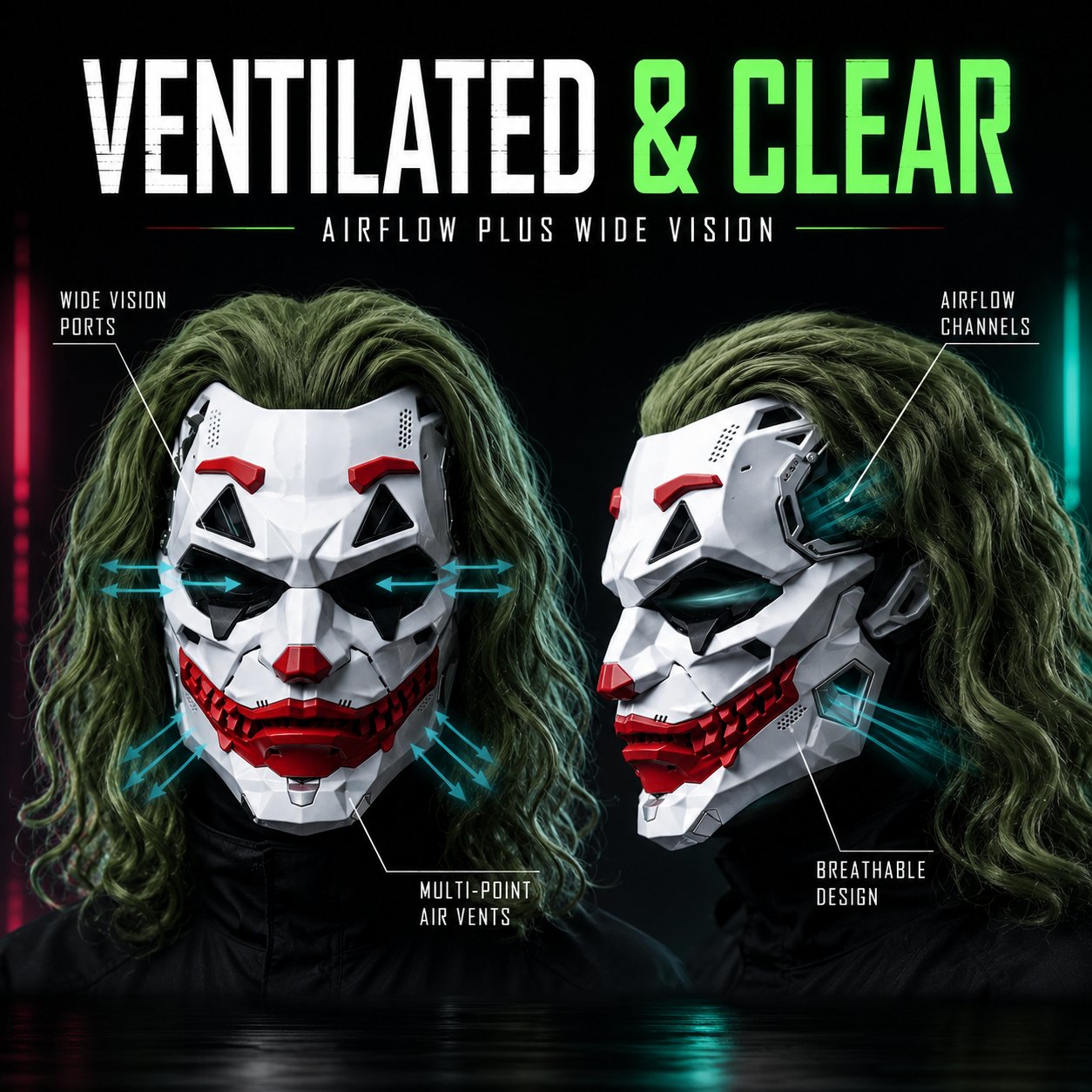 🤡Cyberpunk Mechanical Joker Villain Mask with Green Wig