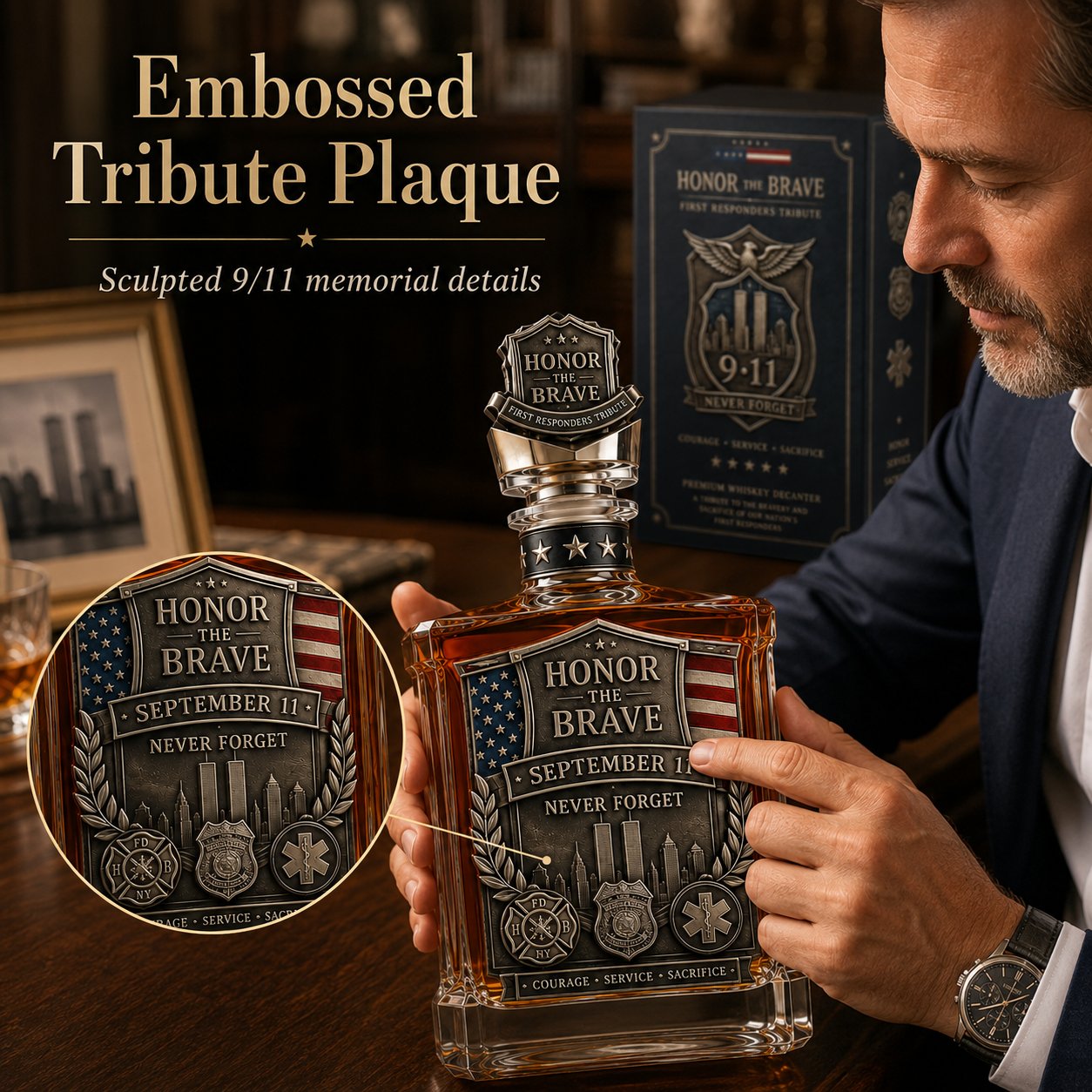 Honor the Brave Relief Decanter & Emblem – Hero Commemorative Ornament for Home Bar Display