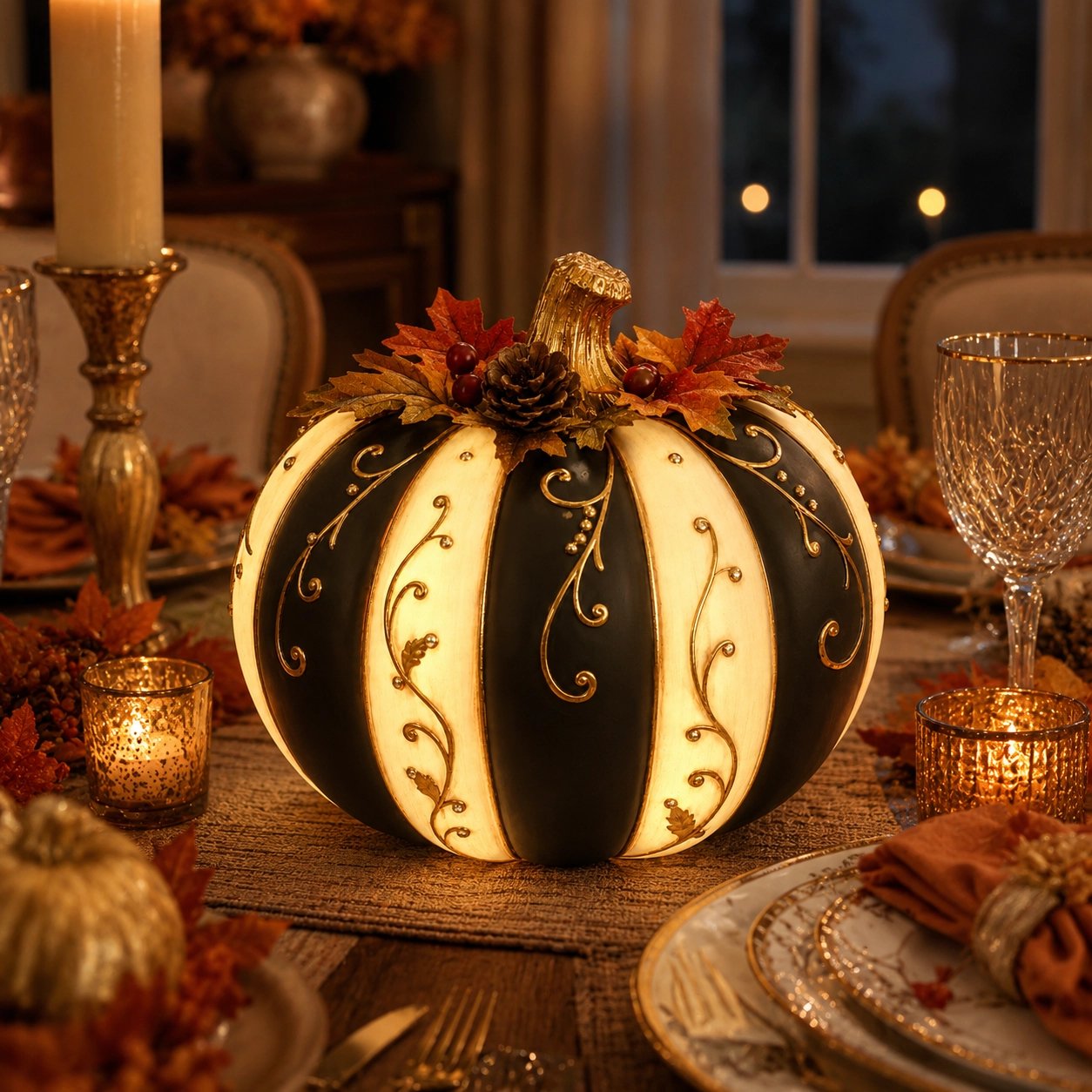 Lighted Black & Ivory Pumpkin Decor with Remote