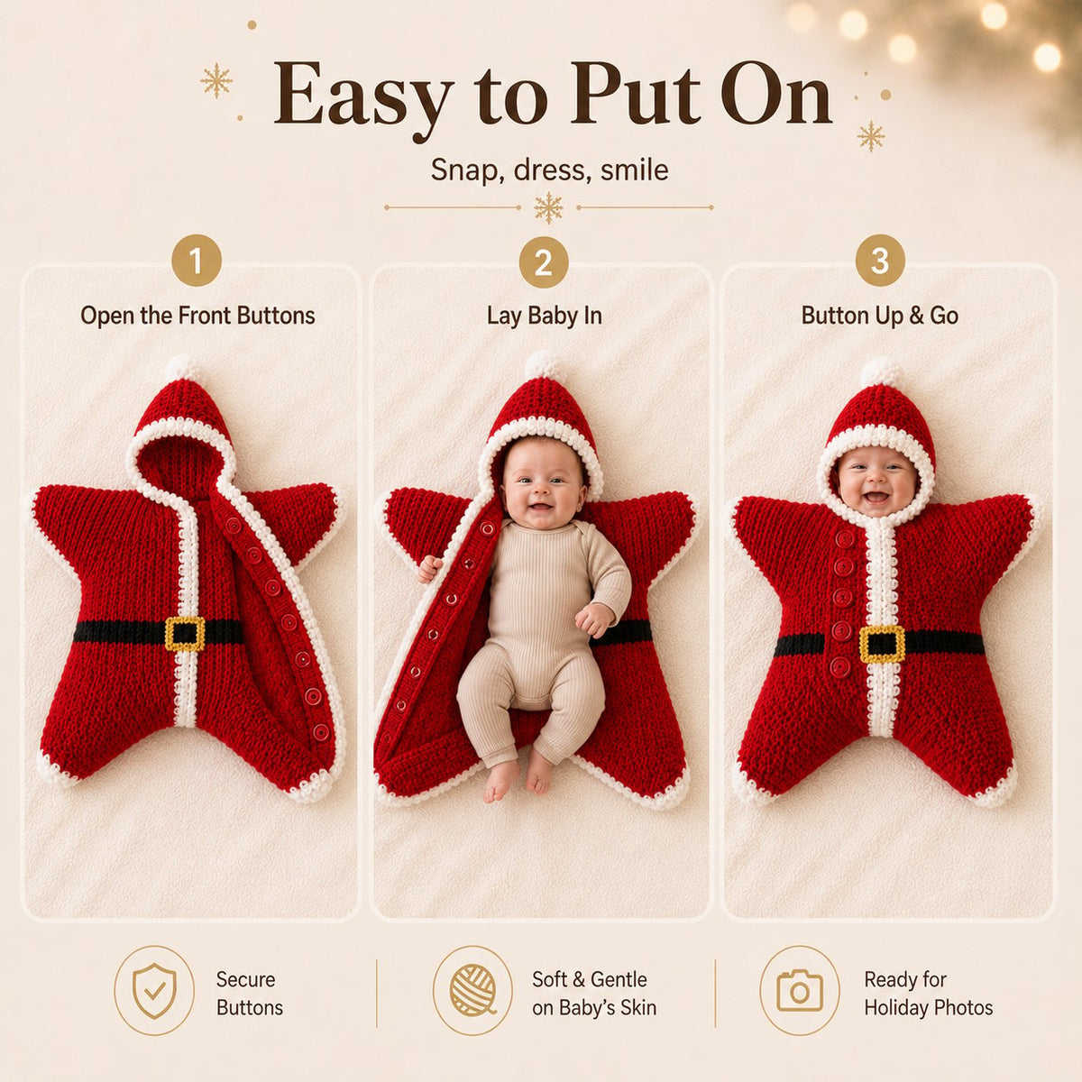 ⏳ Last Day 49% OFF – 🎅 Baby’s First Keepsake Star Outfit | One Size Fits Most Babies, Soft Knitted Santa Cocoon with Front Button Opening for Holiday Photos ✨