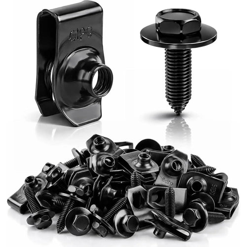 Automotive Universal Screws Black — —  1/4 Body Bolts & U-Nut Clips Kit(50 PCS)
