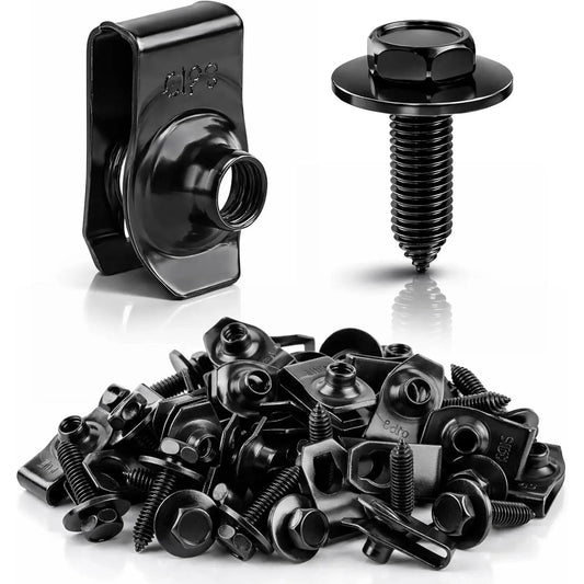 Automotive Universal Screws Black — —  1/4 Body Bolts & U-Nut Clips Kit(50 PCS)