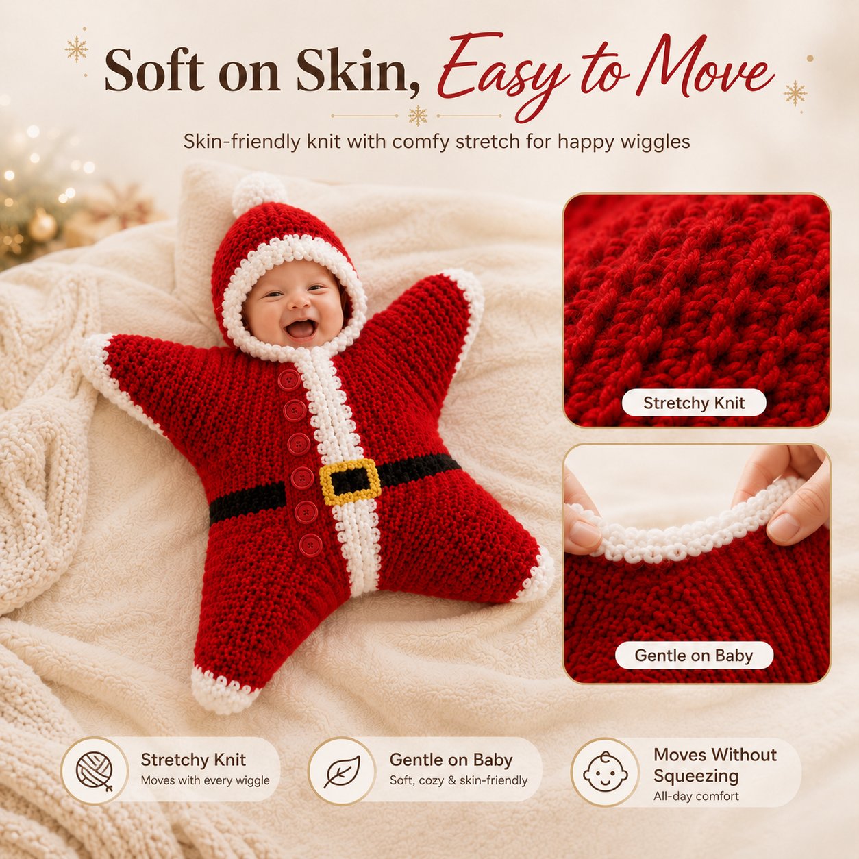 ⏳ Last Day 49% OFF – 🎅 Baby’s First Keepsake Star Outfit | One Size Fits Most Babies, Soft Knitted Santa Cocoon with Front Button Opening for Holiday Photos ✨