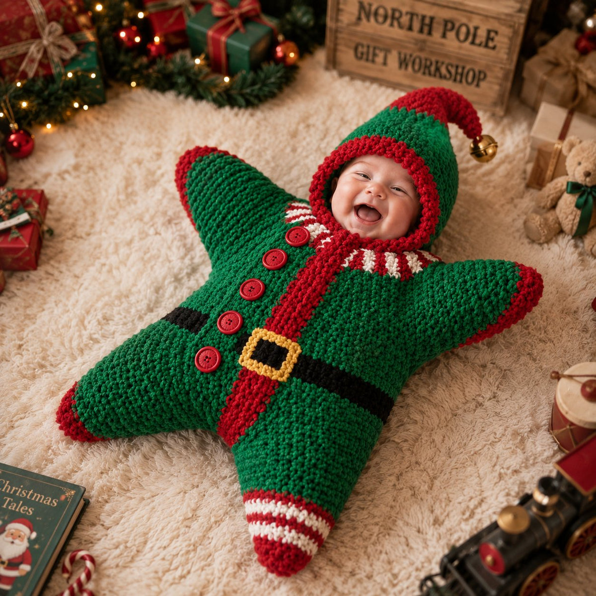 ⏳ Last Day 49% OFF – 🎅 Baby’s First Keepsake Star Outfit | One Size Fits Most Babies, Soft Knitted Santa Cocoon with Front Button Opening for Holiday Photos ✨